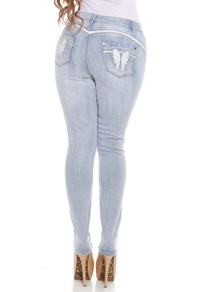Curvy Girl Blue skinny jeans with embroidered angel wings rear pocket design. -  Urban Direct Women's clothing