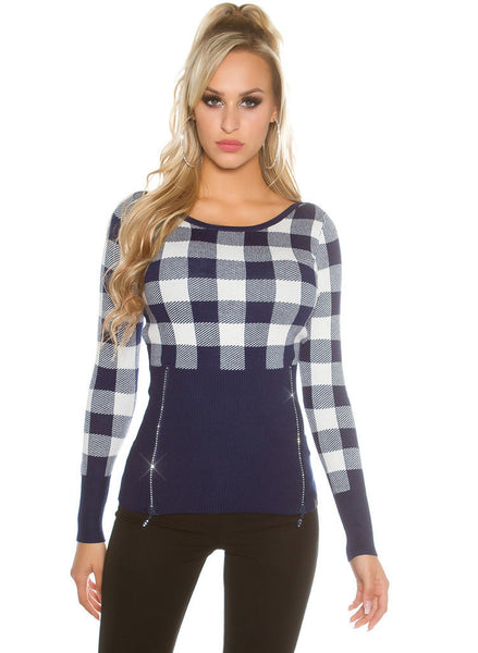 Feminine stylish Blue checked knitwear Jumper top.size fits UK 8/10 -  Urban Direct Women's clothing
