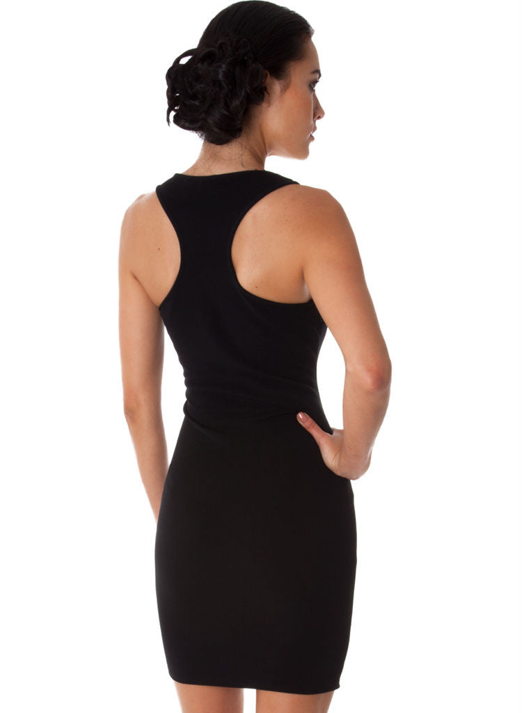 Black Stretchy Casual mini dress with silver gem Logo. -  Urban Direct Women's clothing