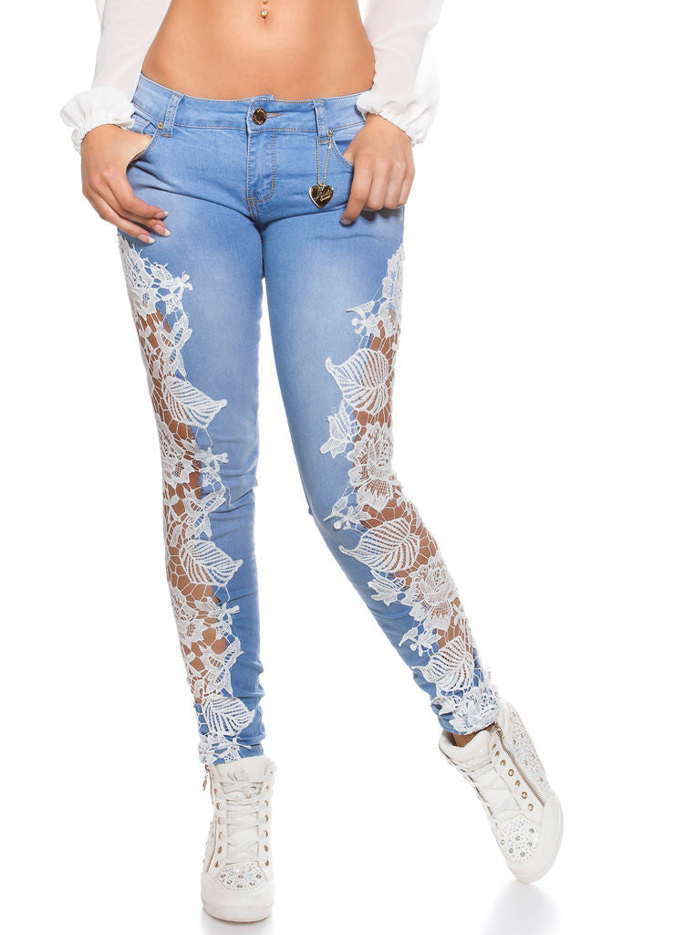 Feminine stylish Light Blue Slim Skinny jeans with lace Inserts -  Urban Direct Women's clothing