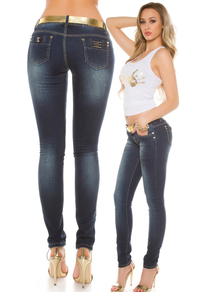 Women's dark blue skinny jeans with gold chain detailing + matching gold Belt. -  Urban Direct Women's clothing