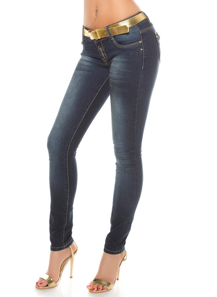 Women's dark blue skinny jeans with gold chain detailing + matching gold Belt. -  Urban Direct Women's clothing