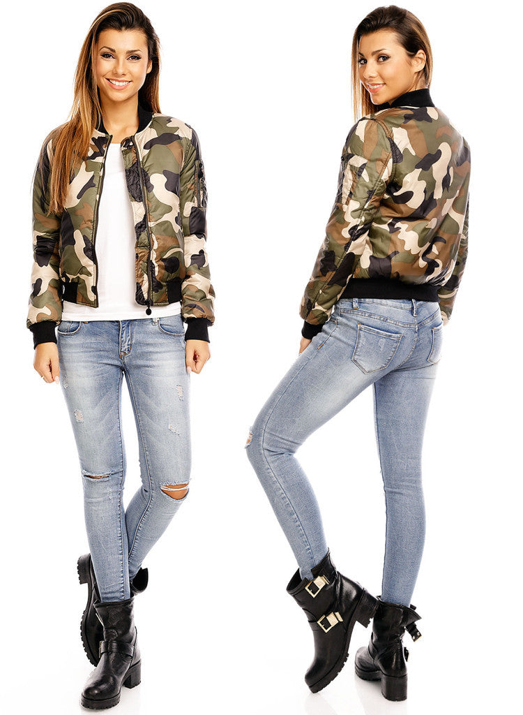 Women's Girls Army style casual Camouflage zip bomber jacket. -  Urban Direct Women's clothing