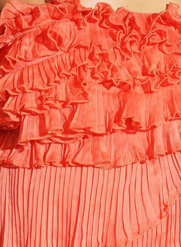 Coral Pink Pleated Chiffon Ruffle Party Mini Dress -  Urban Direct Women's clothing