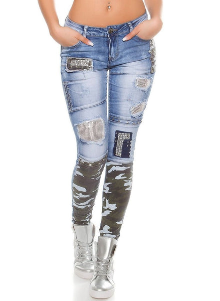Women's Light blue distressed Skinny Jeans with camouflage trim and silver studs -  Urban Direct Women's clothing