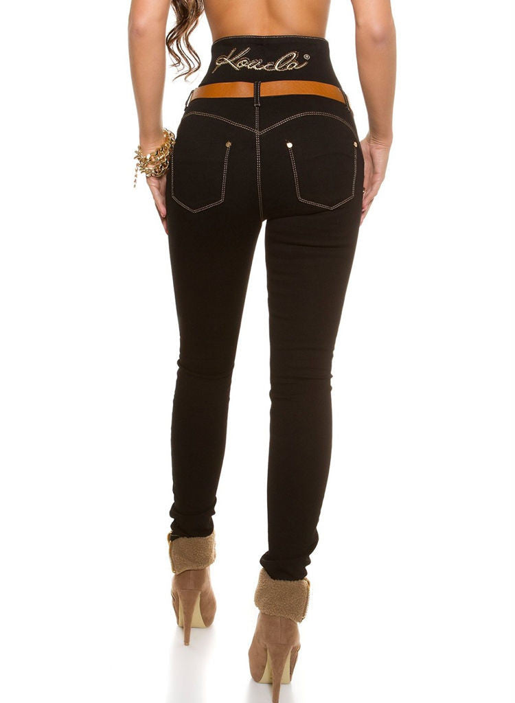 High waist Black slim skinny Jeans Trousers + Belt -  Urban Direct Women's clothing