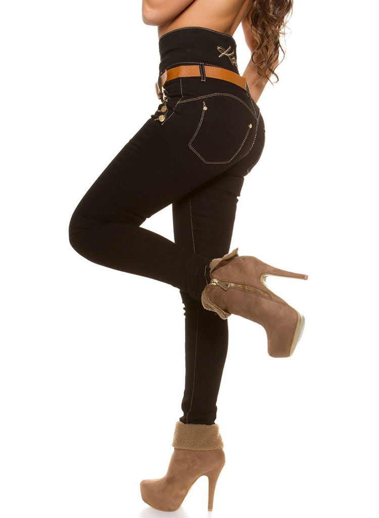 High waist Black slim skinny Jeans Trousers + Belt -  Urban Direct Women's clothing