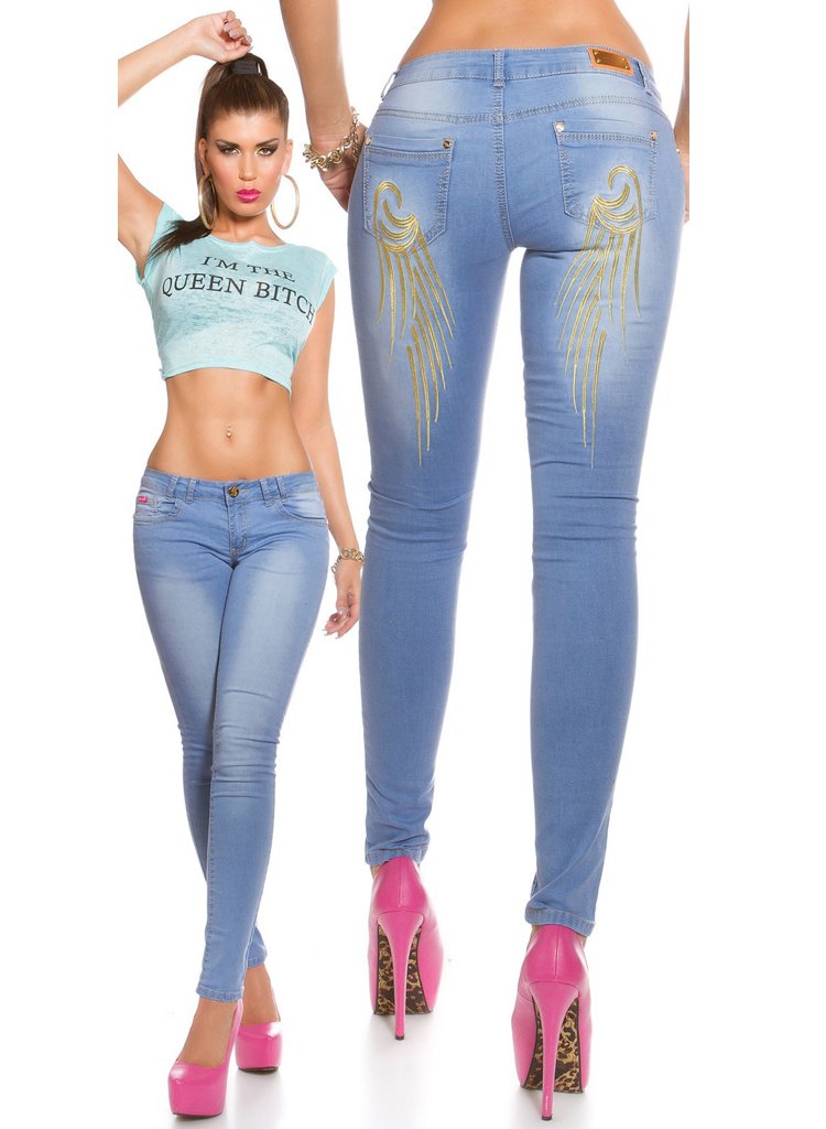 Women's Blue slim skinny jeans with Embroidered Angel wings rear design -  Urban Direct Women's clothing