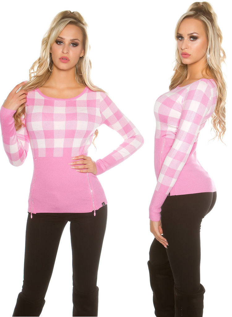 Feminine stylish Pink checked knitwear Jumper top.size fits UK 8/10 -  Urban Direct Women's clothing