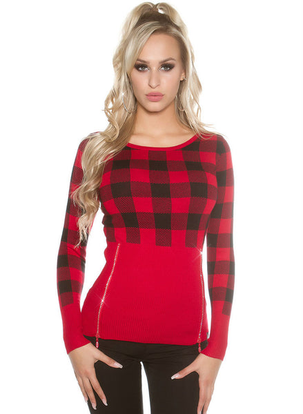 Feminine stylish Red checked knitwear Jumper top.size fits UK 8/10 -  Urban Direct Women's clothing