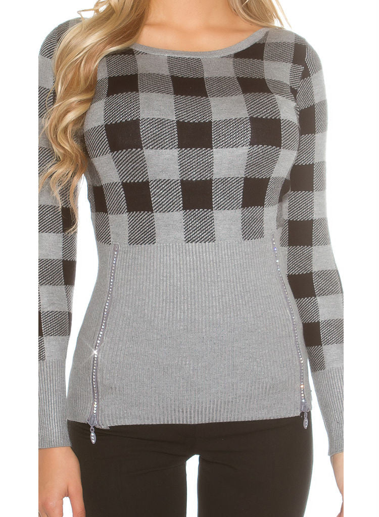 Feminine stylish Grey checked knitwear Jumper top. size fits UK 8/10 -  Urban Direct Women's clothing
