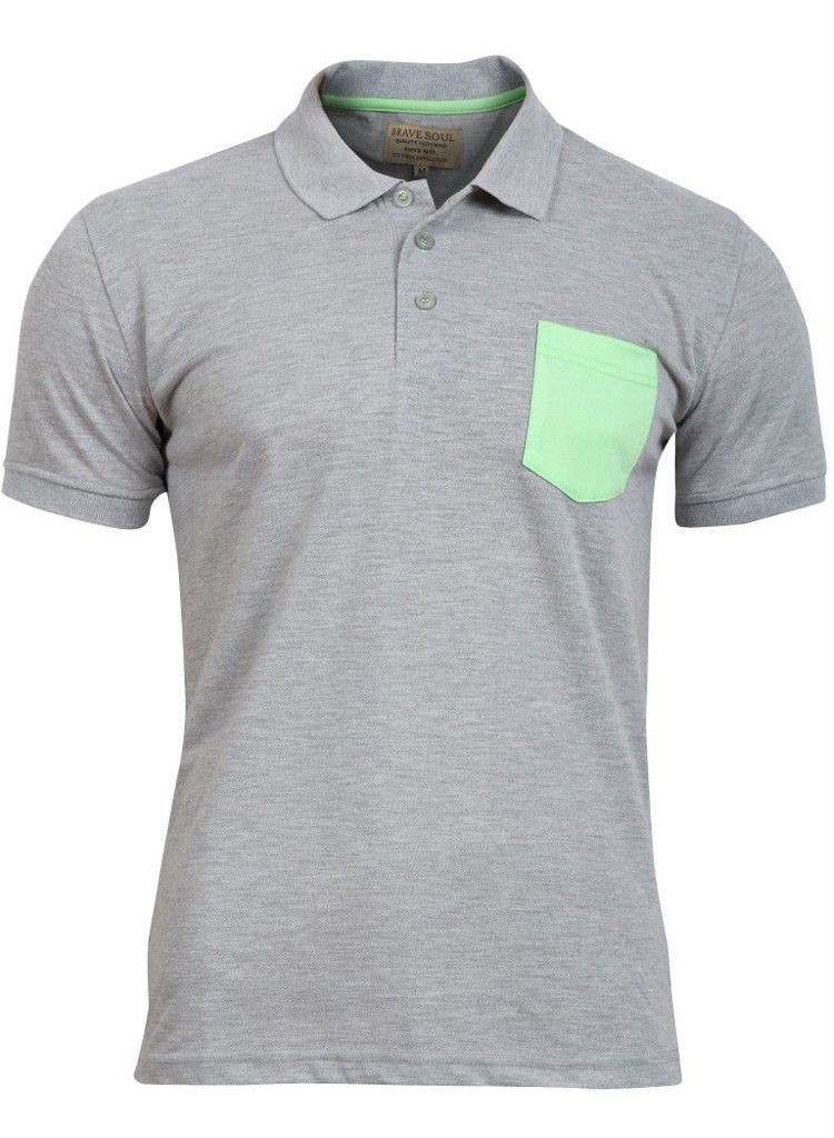 Mens Plain Grey Cotton Short Sleeved Polo Shirt top with Neon print pocket -  Urban Direct Women's clothing