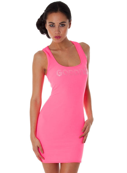 Neon Pink Stretchy Casual mini dress with silver gem Logo. -  Urban Direct Women's clothing