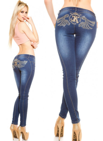 Women's Stylish Rhinestone embroidered dark blue Skinny jeans.